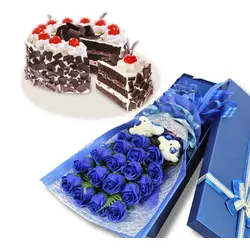 24 blue roses with black forest cake