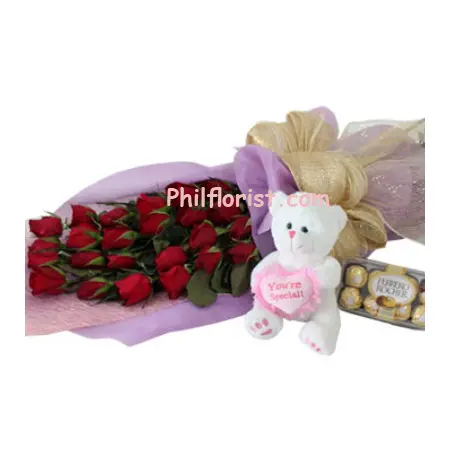 24 Red Roses,Ferrero Chocolate with Bear send to philippines
