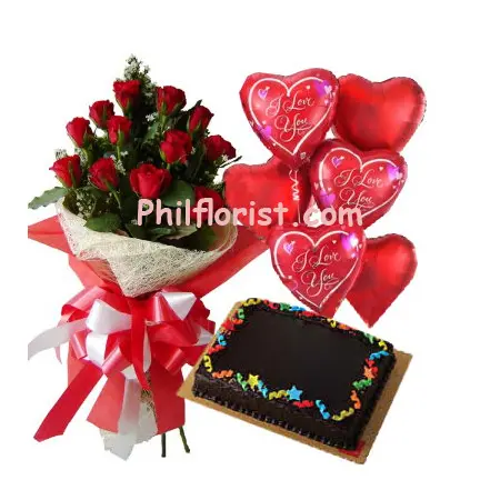 12 Red Roses Bouquet,Balloon w/ Chocolate Cake Send to Philippines